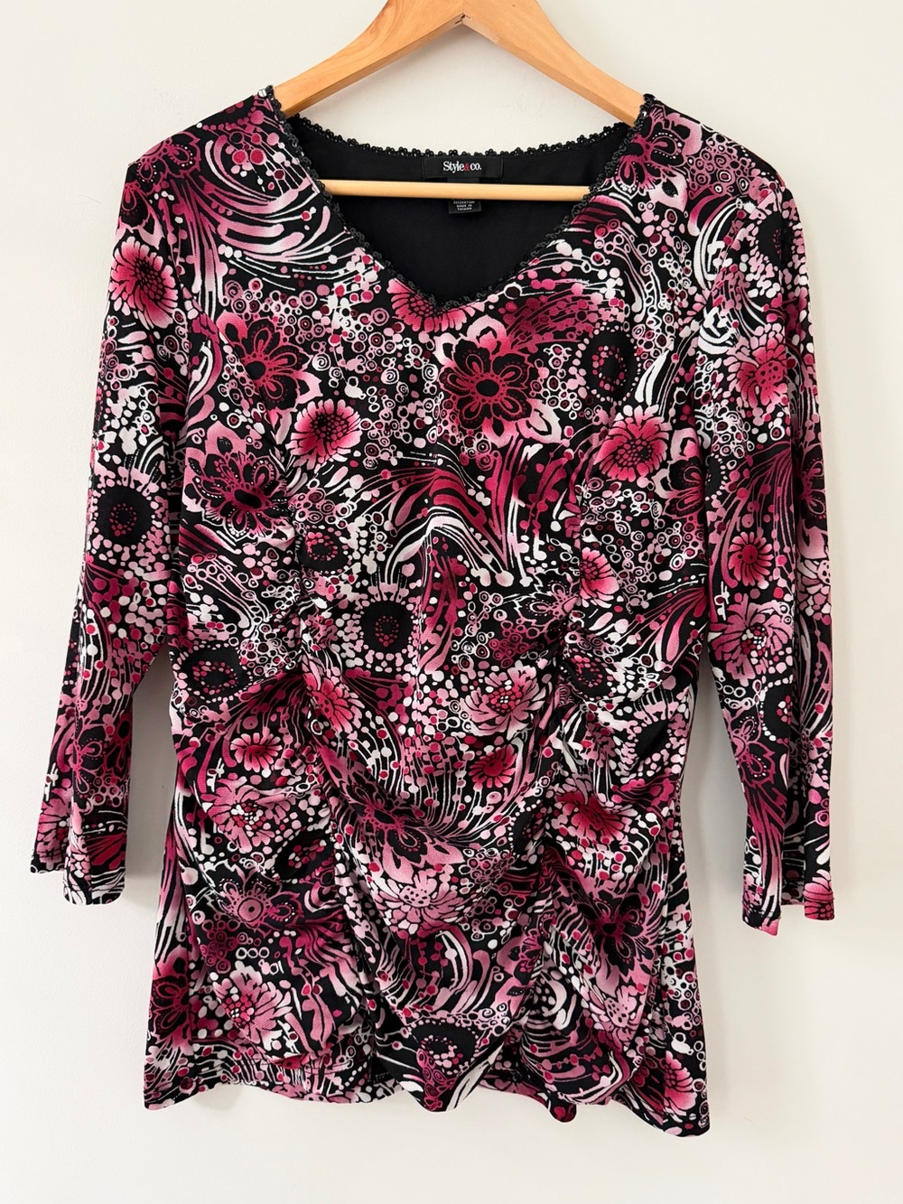 Style & Co. Pink Black Floral Sequin V-Neck Ruched Blouse Top XL